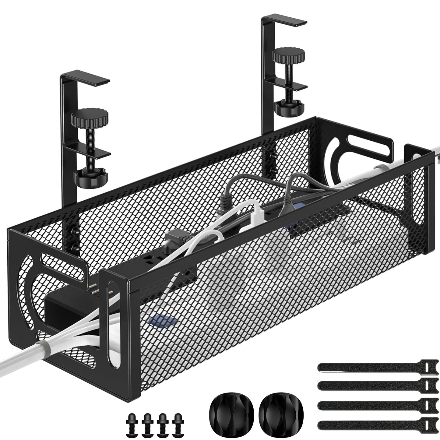 Under Desk Cable Management Tray, 15.7'' No Drill Steel Desk Cable Organizers, Wire Management Tray Cable Management Rack (1 Pack-Black)