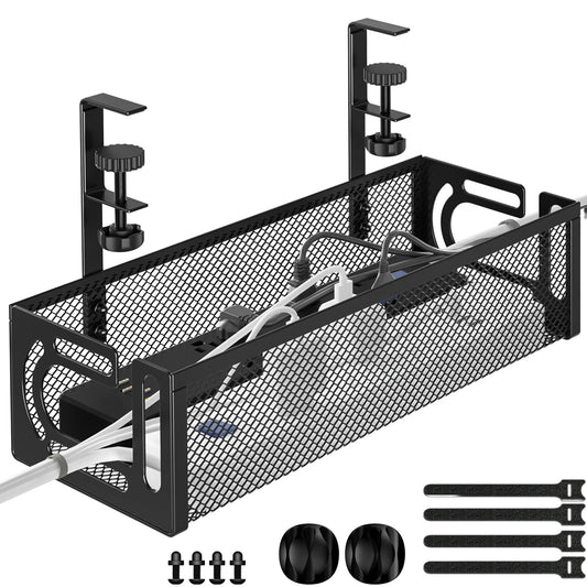 Under Desk Cable Management Tray, 15.7'' No Drill Steel Desk Cable Organizers, Wire Management Tray Cable Management Rack (1 Pack-Black)