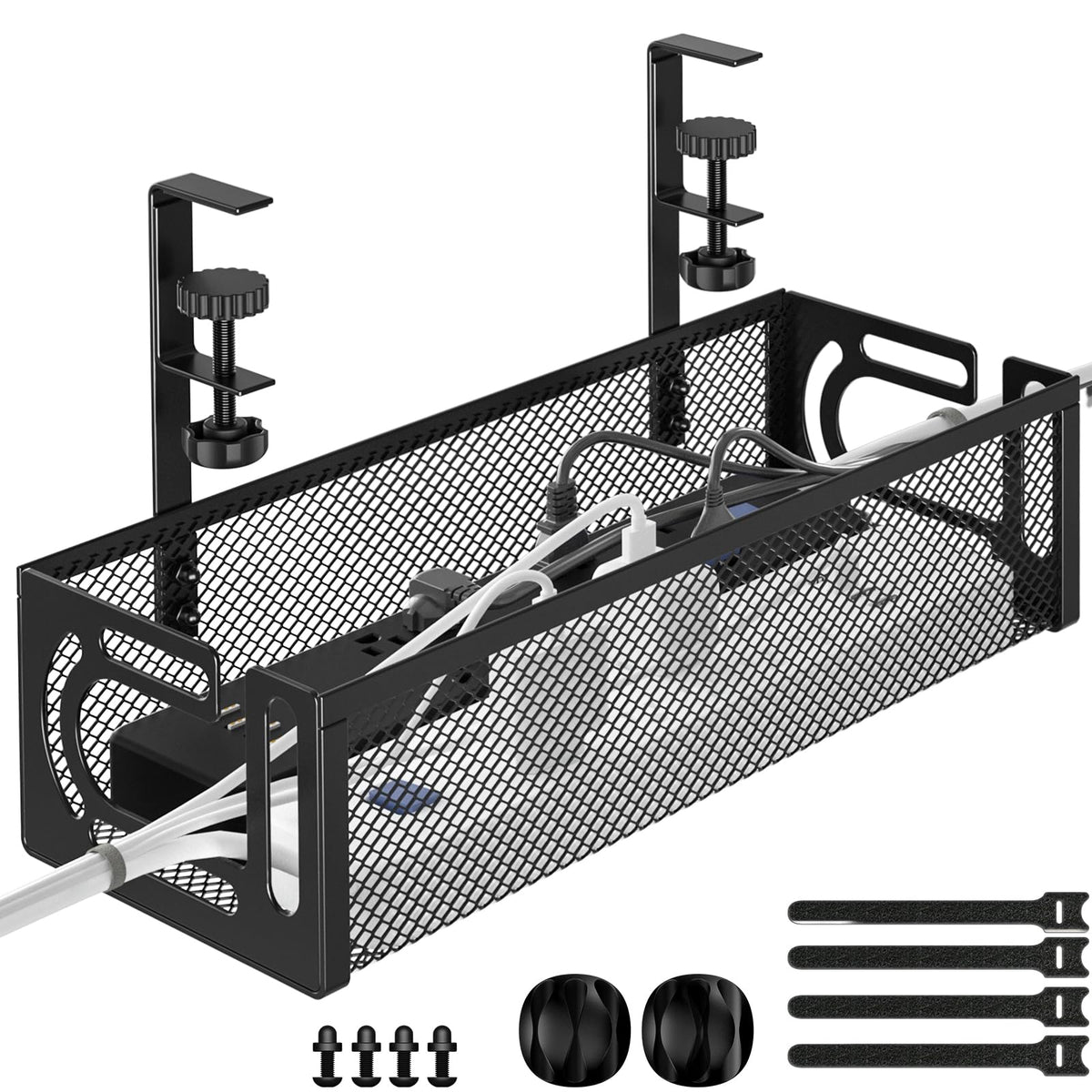 Under Desk Cable Management Tray, 15.7'' No Drill Steel Desk Cable Organizers, Wire Management Tray Cable Management Rack (1 Pack-White)