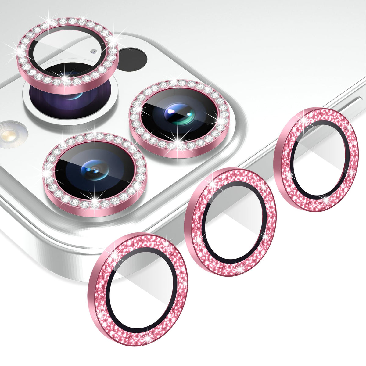 AGVEE 16 Pro & Max 3+3 6 Pack for iPhone 13 6.1" / 13 Mini 5.4" Camera Lens Protector, Bling Diamond & Bling Glitter Metal Ring 9H Tempered HD Glass Camera Cover Film, Glitter-Desert