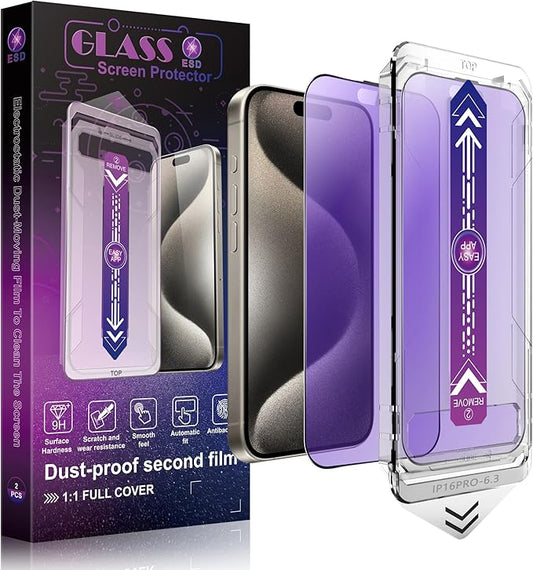 SHANG PIN JIA 2 Pack Anti Blue Light Matte Screen Protector for iPhone 17/16 Pro 6.3-Inch, 9H Tempered Glass Film, Auto Dust Removal, No Bubbles, Easy Installation