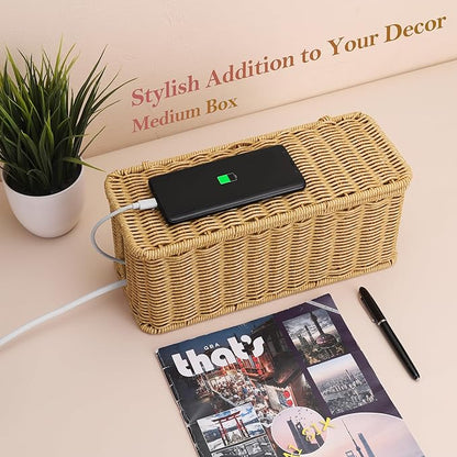 2Pack Large Cable Management Box, Handwoven Imitation Rattan Cord Organizer Cord Hider Box, Cable Organizer Box for Desk, Cord Management Box to Hide Cords and Power Strips