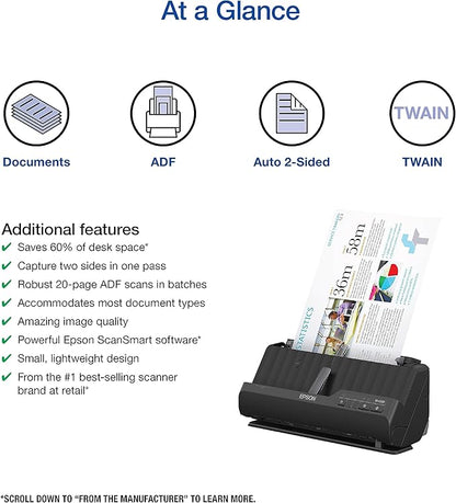 Epson Workforce ES-C220 Compact Desktop Document Scanner with 2-Sided Scanning and Auto Document Feeder (ADF) for PC and Mac