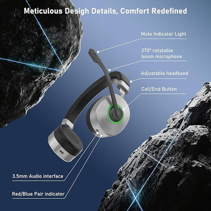 Wireless Headset, Bluetooth Headset with Microphone, AI Noise Cancelling Mic & USB Dongle, Wired/Wireless Headphones with Mute Button, Bluetooth V5.3 Headphone with Mic for Computer/Office/Home/Phone