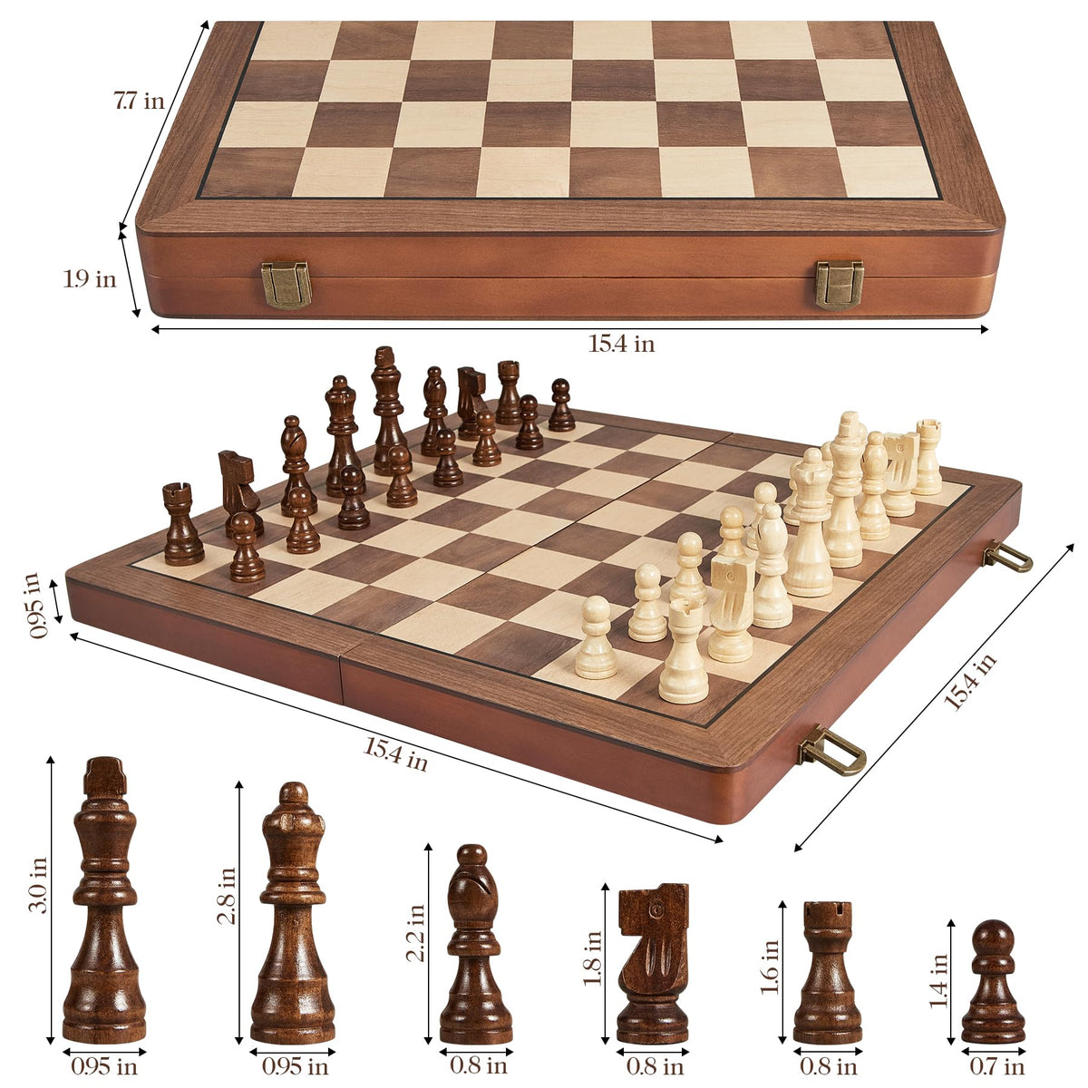 ELONGDI 15" Wooden Chess Set with Magnetic Pieces - Extra Queens - Folding Chessboard Portable Travel Tournament Chess Board Games for Adults Kids