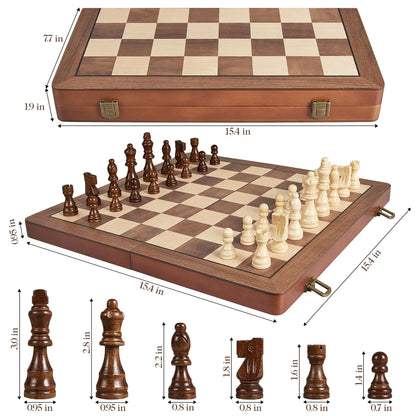 ELONGDI 15" Wooden Chess Set with Magnetic Pieces - Extra Queens - Folding Chessboard Portable Travel Tournament Chess Board Games for Adults Kids
