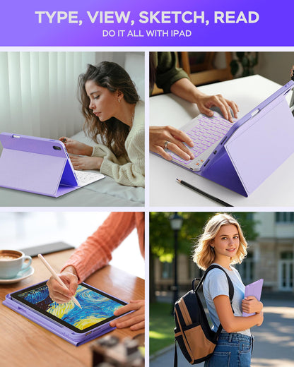Senyoson for iPad A16 Case with Keyboard - 7 Color Backlit Magnetic Wireless Detachable Folio Keyboard Cover with Pencil Holder for iPad 11th 10th Generation, Purple