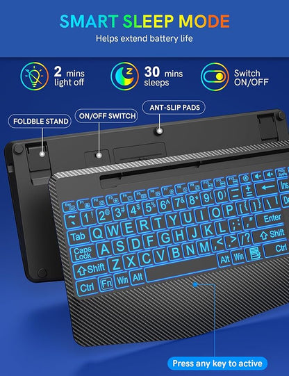 Wireless Keyboard with 7 Colored Backlits, Wrist Rest, Phone Holder, Rechargeable Ergonomic Computer Keyboard with Silent Keys, Full Size Lighted Keyboard for Windows, Mac, PC, Laptop (Large Print)