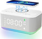Alarm Clock Speaker Wireless Charger, Digital Alarm Clocks Bedrooms Bluetooth, Alarm Clock Dimmable Light Bedrooms Dual Alarm Snooze Dimmer 12 24H RGB Night Light Bluetooth USB AUX, White