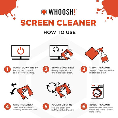 WHOOSH! Screen Shine Pro 16.9 fl oz Refillable Screen Cleaner for TV, OLED, and Monitors – Streak-Free Spray with Microfiber Cloth – Safe for Flat Screen, LCD, Smart Displays – Non-Toxic and Odorless