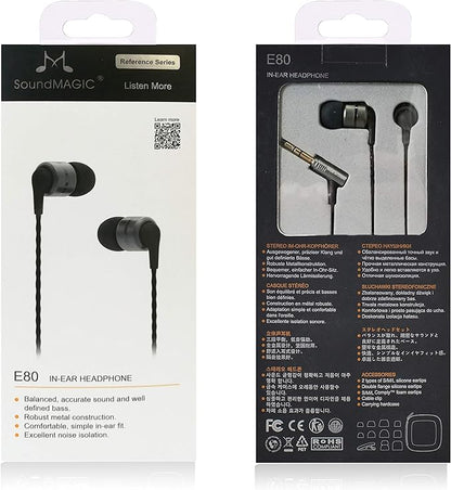 SoundMAGIC E80 Wired Earbuds, in-Ear Headphones with HiFi Stereo Sound and Noise Isolating, 3.5mm Jack for Phones and Laptops, No Mic (Gunmetal)