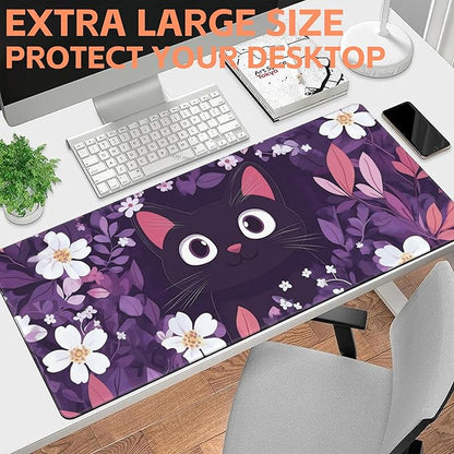 Mouse Pad Large Cat Hiding in The Floral Non-Slip Game Desk Mat with Stitched Edge Laptop Keyboard Desk Pad for Work Home Gaming (35.4 x 15.7 Inches)