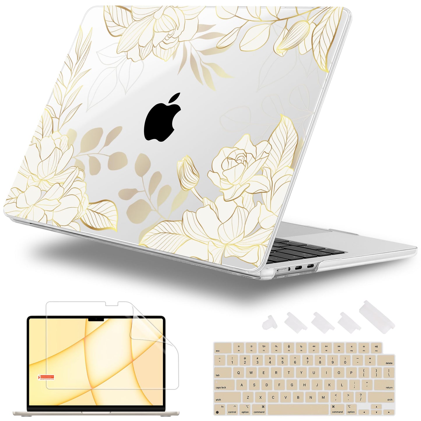 Lepeoac Case for 2026/2025/2024/2023 MacBook Air 15-inch Laptop Release M5 A3448 /M4 A3241 /M3 A3114 /M2 A2941, Stylish Protective Hard Shell Cover for MacBook Air 15.3 inch - Gold Rose Flowers