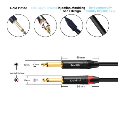 Devinal 1/4 to Dual 1/4 Y-Splitter Cable, 6.35mm TRS to Dual 6.35mm TS Insert Cable Cord, Quarter inch Stereo to 2 Quarter inch Mono Send and Return Patch Cord 6 Feet