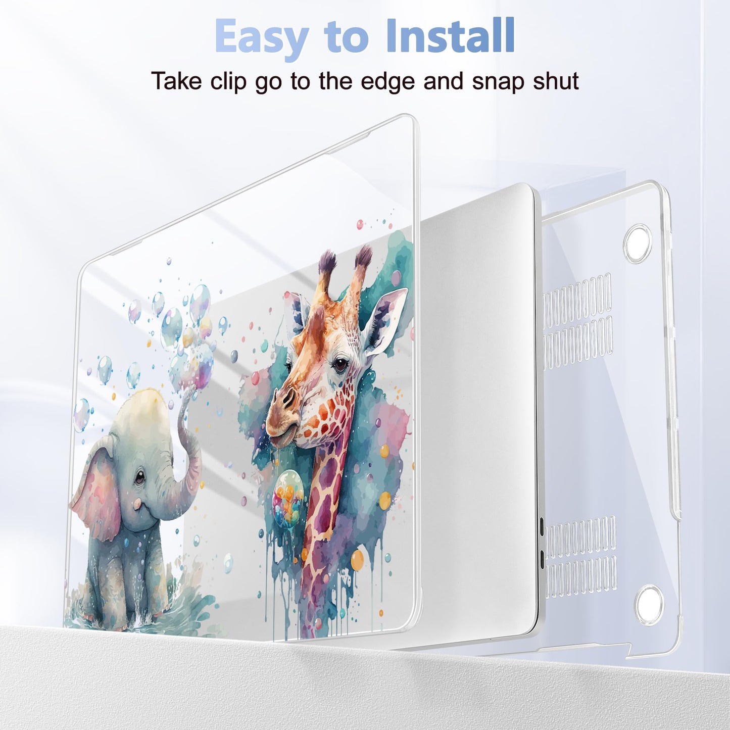 Lepeoac Case for MacBook Pro 13 inch Case M2 2022-2016 A2338 M1 A2251 A2289 A2159 A1989 A1708 A1706, Plastic Hard Shell + Keyboard Cover + Dust Plug - Elephant & Giraffe