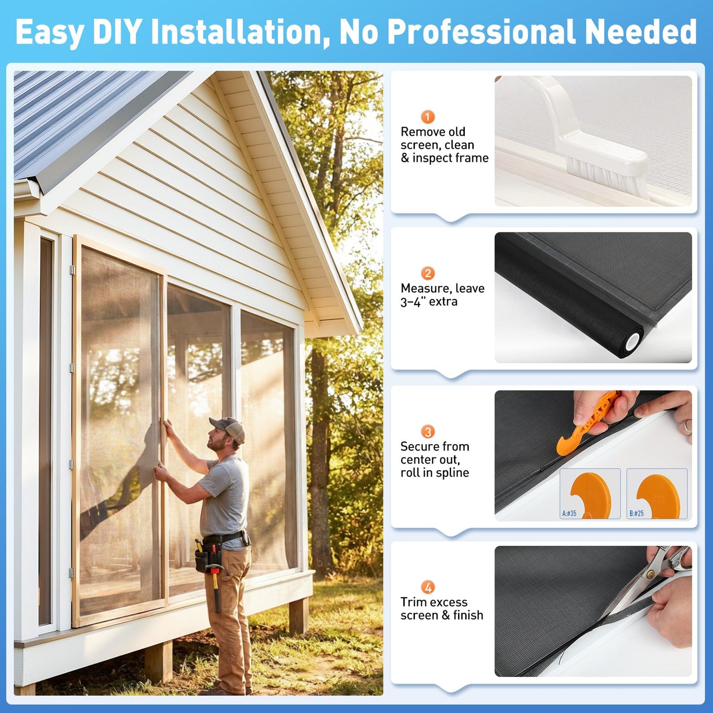 MAGZO Heavy-Duty Window Screen Mesh, Screen Replacement for Windows & Doors, 48"W x 99"L