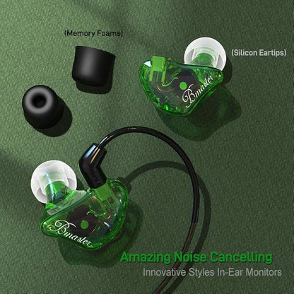 BASN in-Ear Monitors, Bmaster Triple Driver HiFi Stereo Noise-Isolating in-Ear Headphones with Two Detachable MMCX Cables for Stage/Audio Recording (Green)
