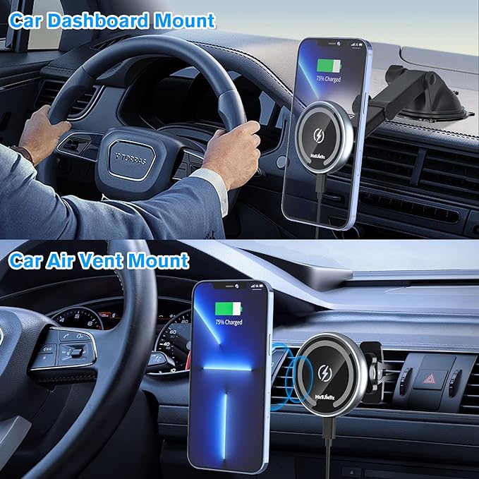 for MagSafe Car Mount Charger, Magnetic Wireless Fast Charging for iPhone16,15,14, 13, 12 Pro Max,Plus,Mini,3-in-1 Vent/Dash/Windshield Auto-Alignment Phone Holder（No 36W QC3.0 Adapter）