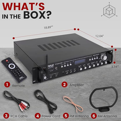 Pyle Multi Channel Bluetooth Preamplifier Receiver - 3000 Watt Audio Home Speaker Sound Stereo w/Radio, USB, Headphone, AUX, RCA, Dual Microphone w/Echo, LED, Wireless Streaming - P3201BT