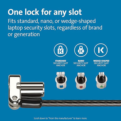 Kensington Universal 3-in-1 Keyed Laptop Locking Cable, Computer Security Keyed Lock, T-bar, Nano, Wedged-shaped (K62318WW)
