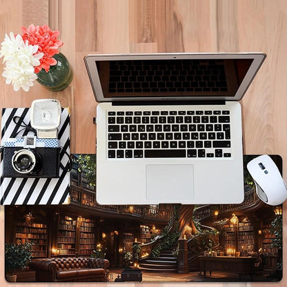 Large Mouse Pad Old Library Gaming Desk Pad Computer Keyboard Non-Slip Waterproof Mouse Mat with Rubber Base and Stitched Edges Entertainment Office Writing Desk Mat 35.4 x 15.7 Inches