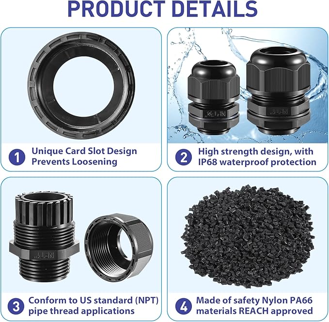 50 PCS 1/2"(6-12.5mm) NPT Nylon Cable Gland Joints with Gaskets, IP68 Adjustable Lock Nut Strain Relief Cord Grip Waterproof Cable Glands - UL Listed and RoHS Compliant