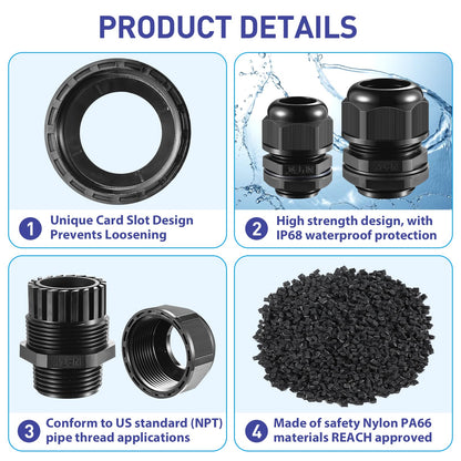 RTHIEAI 25 PCS 1"(17-25mm) NPT Nylon Cable Gland Joints with Gaskets, IP68 Adjustable Lock Nut Strain Relief Cord Grip Waterproof Cable Glands - UL Listed and RoHS Compliant