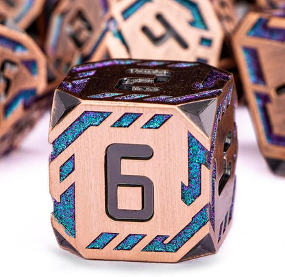 Metal DND Sci-fi Dice Set 7PCS Stripe Polyhedral Dice for Dungeons Dragons RPG Role Playing Game, Glitter D and D Dice with Gift Box D6 D8 D10 D12 D20 (Ancient Bronze&Green Purple)