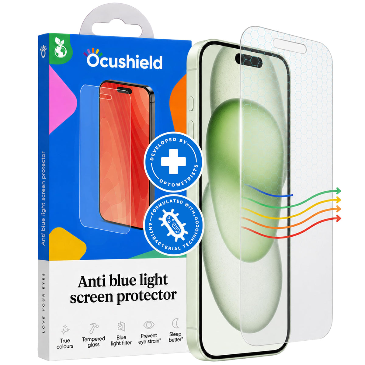Ocushield Anti Blue Light Tempered Glass Screen Protector of iPhone 16 Plus (6.7")– Blocks Blue Light, Prevents Eye Strain & Helps You Sleep Better, 9H Hardness & Case Friendly