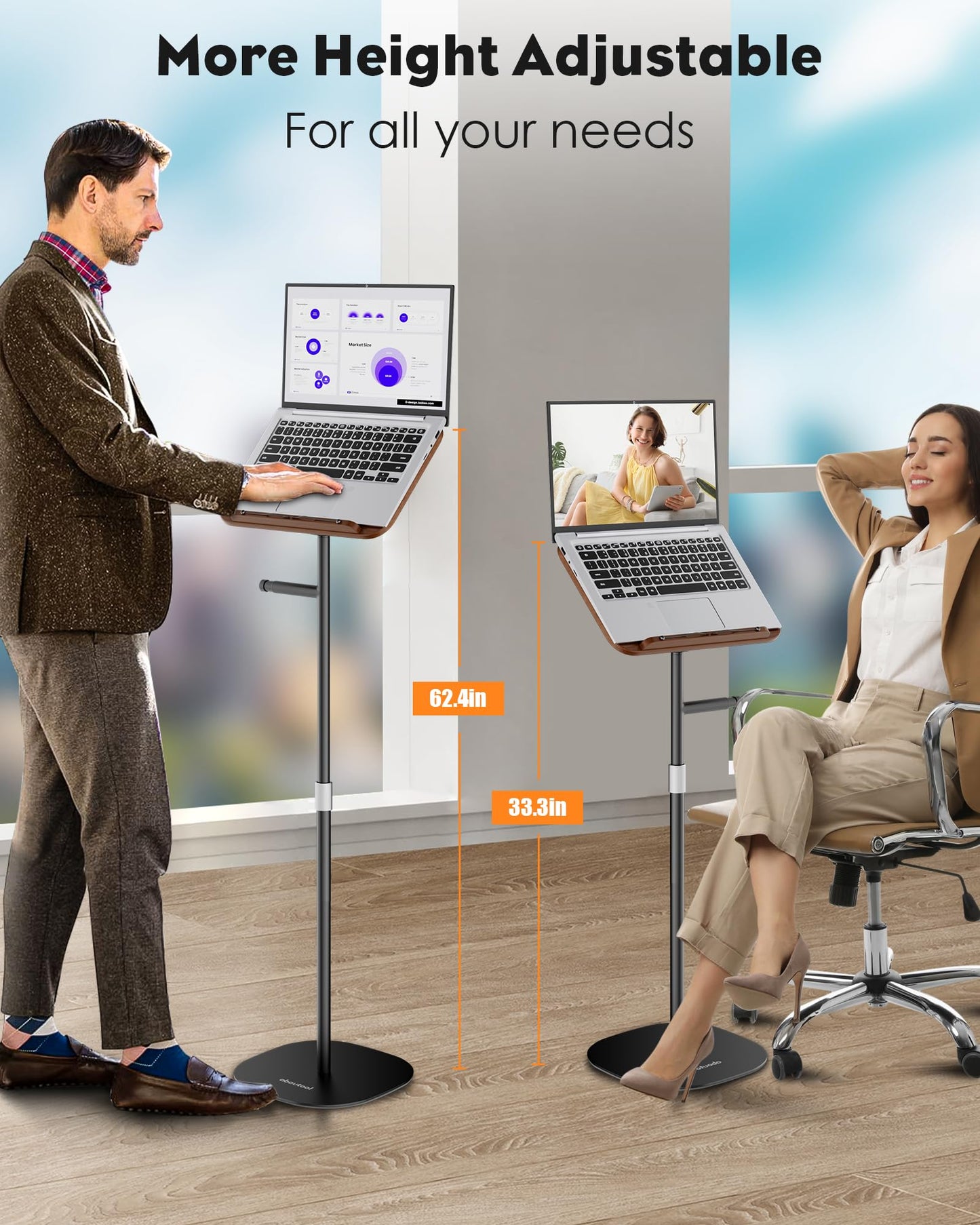 aboutool 2 in 1 Dual-use Floor Book Stand & Desktop Book Stand,Height Adjustable from 33-63in, Adjustable Book Holder with Elastic Page Clips for Music Scores, Recipe, Tablet, Laptop