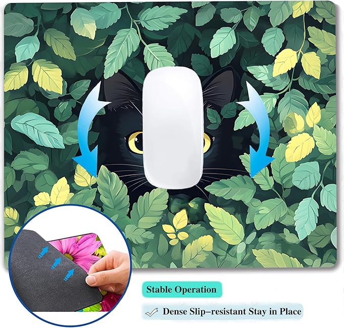 Green Flowers Black Cat Custom Mouse Pad with Non-Slip Rubber, Small Square Design for Wireless Laptop & Computer Mouse Pads for Desk, 9.5 x 7.9 inch Smooth Surface for Gaming & Office