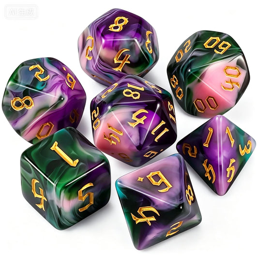 QMAY DND Dice Set -D&D Polyhedral Dice (7 Pcs) for Dungeons and Dragons (Purple Green Four Colors)