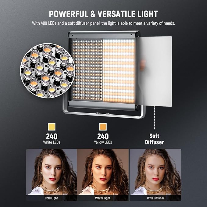 NEEWER 2 Pack Bi Color Dimmable 480 LED Video Light Kit, 28W 3200-5600K CRI96+ LED Panel with U Bracket 75" Tripod Stand Cleaning Cloth Bag, YouTube Recording Studio Photography Streaming Key Lighting