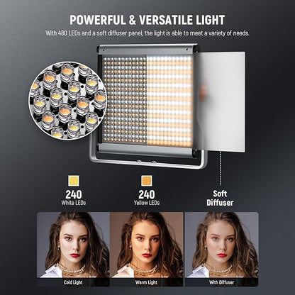 NEEWER 2 Pack Bi Color Dimmable 480 LED Video Light Kit, 28W 3200-5600K CRI96+ LED Panel with U Bracket 75" Tripod Stand Cleaning Cloth Bag, YouTube Recording Studio Photography Streaming Key Lighting