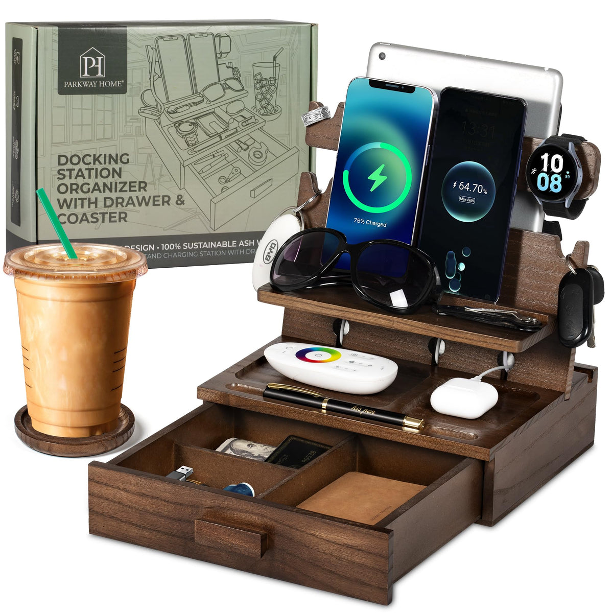 Black Wood Phone Docking Station for up to 3 Phones - Nightstand Organizer with Drawer for Valuables for Men & Women, Compatible with Apple Watch, Holds Phones, Tablets, Keys, Rings, Glasses, EDC