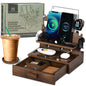 Black Wood Phone Docking Station for up to 3 Phones - Nightstand Organizer with Drawer for Valuables for Men & Women, Compatible with Apple Watch, Holds Phones, Tablets, Keys, Rings, Glasses, EDC