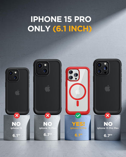 Miracase Magnetic for iPhone 15 Pro Case Full-Body Bumper Phone case with Built-in Glass Screen Protector& Camera Protector, Military Drop Proof 15 Pro Cover, Magnetic Red