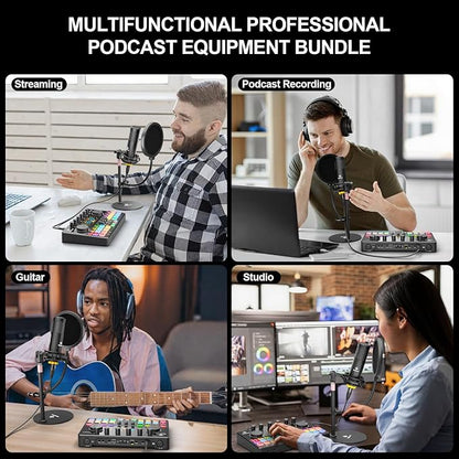 Podcast Equipment Bundle for 2 with Dual XLR-3.5 Condenser Micophones with Mic Pop Filters Audio Equipment for Live Streaming/ Recording, Online Gaming for Phone/ Laptop/ PC Audio Interface M100