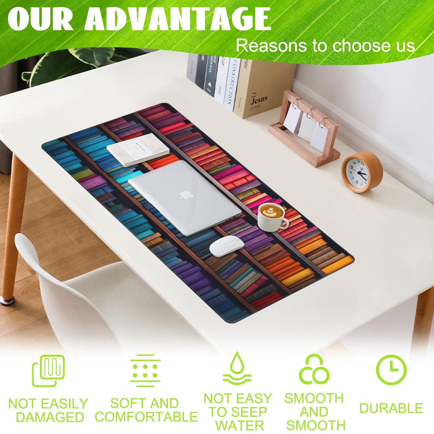 Eflxamz Large Gaming Mouse Pad for Desk,Bookshelves Full of Books Desk Mat,Colorful Books Desk Pad,Extended Big Computer Keyboard Mouse Pad with Non-Slip Base and Stitched Edge,35.4"x15.7"
