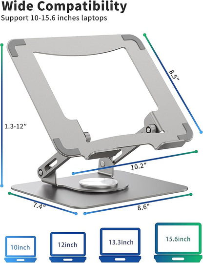 SOUNDANCE Laptop Stand with 360° Rotating Base, Ergonomic Computer Riser for Desk, Adjutable Height Muti-Angle, Foldable Laptop Mount, Stable Metal Holder Support 10-15.6" Notebook PC, Silver Grey