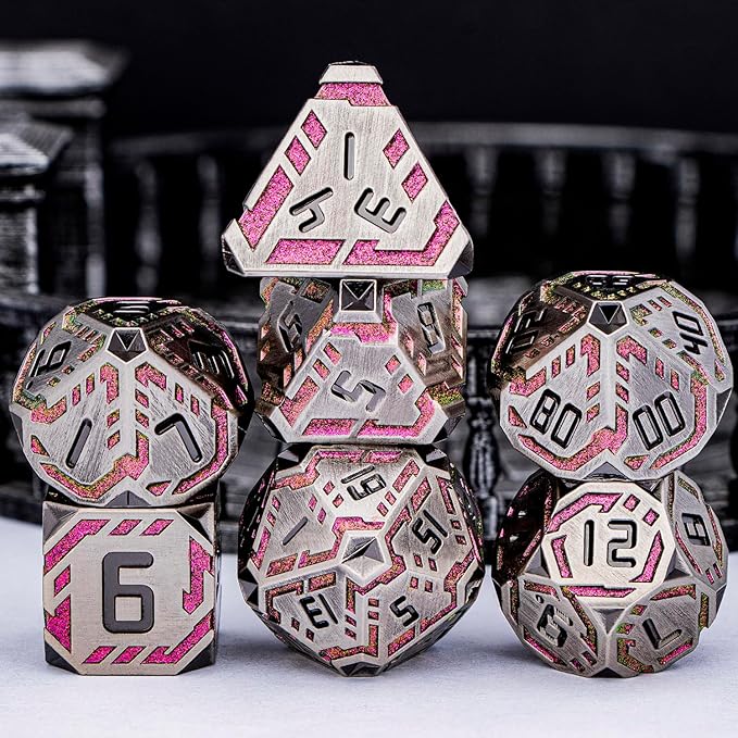 Metal DND Sci-fi Dice Set 7PCS Stripe Polyhedral Dice for Dungeons Dragons RPG Role Playing Game, Glitter D and D Dice with Gift Box D6 D8 D10 D12 D20 (Grey&Purple Red)