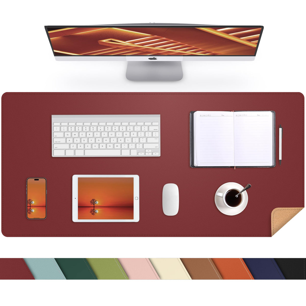AFIING Leahter Desk Pad 47" x 17", Red,Desk Cover mat