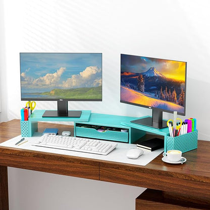 Spacrea Metal Desk Organizers and Accessories, Dual Monitor Stand Riser with Drawer and 2 Pen Holders, Desk Accessories & Workspace Desktop Organizers for Office Supplies (Blue)