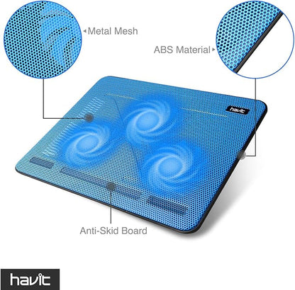 Havit HV-F2056 15.6-17 Inch Laptop Cooler Cooling Pad - Slim Portable USB Powered (3 Fans) (Blue)