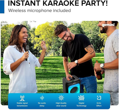 Gemini 200W Portable Bluetooth Party Speaker with Dual 6.5" Woofers, LED Lights, Wireless Mic, 9Hr Battery Play Time, TWS Pairing & USB Playback (GGO-2650L)