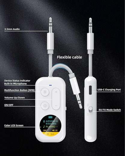 Bluetooth Wireless Audio Transmitter/Receiver, 20+ Hours Playtime,Supports 2 AirPods Headphones, Audio Adapter with Screen for Airplane, Marine, Travel, Speaker
