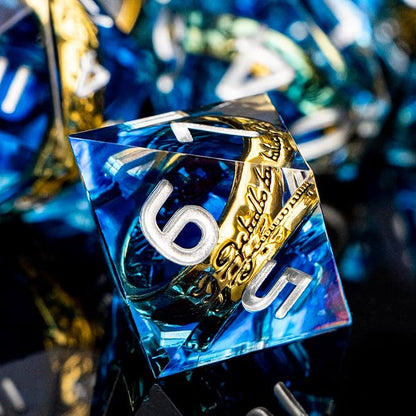 Magic Golden Ring DND Dice Set with Dice Box, Blue Resin Sharp Edge D and D Dice for use with D&D Tabletop Games Handmade Lord Polyhedral Dice Set D20 D12 D10 D8 D6 D4