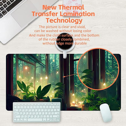 Desk Mat, Window View of Forest Desk Pad, Green Atmosphere Large Gaming Mouse Pad for Desk, 31.5"x15.7" Extended Big Computer Keyboard Mouse Pad with Non-Slip Base and Stitched Edge