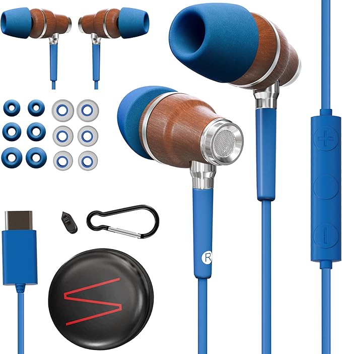 Symphonized Premium Wooden iPhone Earphones Wired (USB C) Deep Bass Sound, 3D Sound, Microphone Volume Control, 90% Noise Cancelling for Type C Devices. Earphones for iPhone 15 to 16 & Android