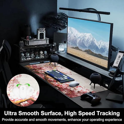 Mouse Pad, Large Blooming Sakura Desk Mat, Extended Non-Slip Gaming Keyboard Mousepad Desk Pad, Thick Stitched Edges Waterproof Mouse Mat 31.5"x15.7" (Cherry Branch)